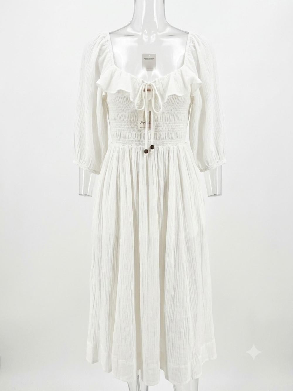 Free People White Smocked Midi Dress with Ruffle Tie S